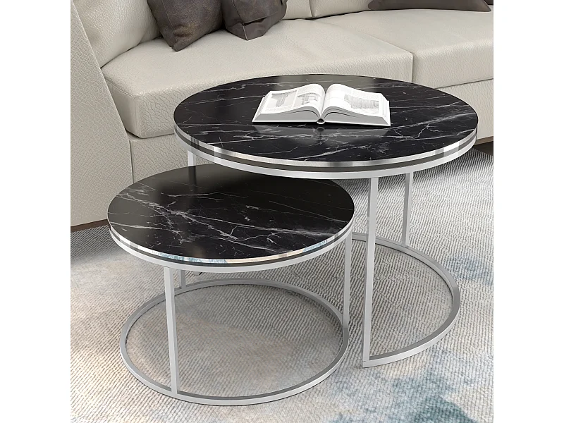 Set de 2 tables d'appoint Skagen rondes gigognes marbre noir argent [en.casa]