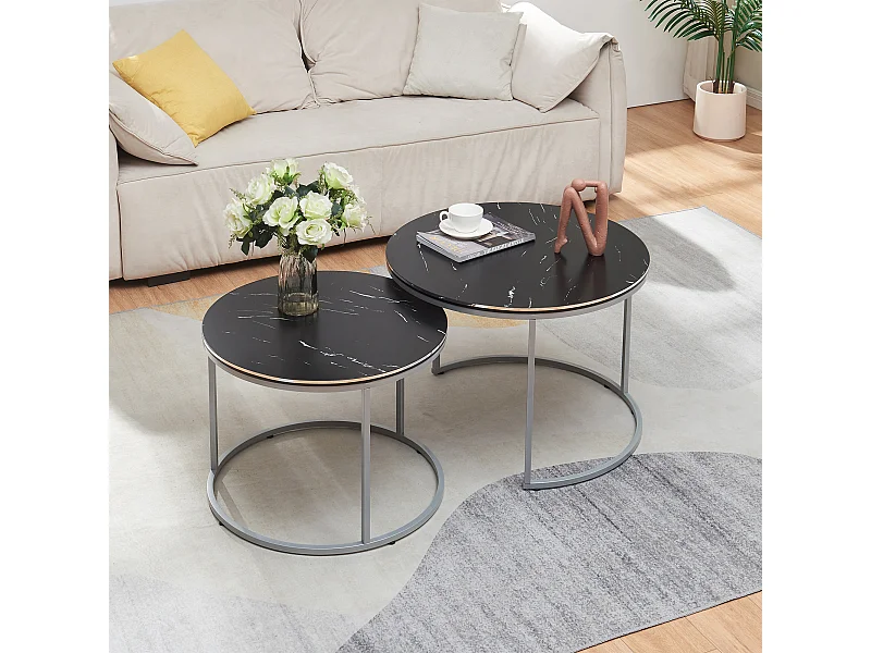 Set de 2 tables d'appoint Skagen rondes gigognes marbre noir argent [en.casa]