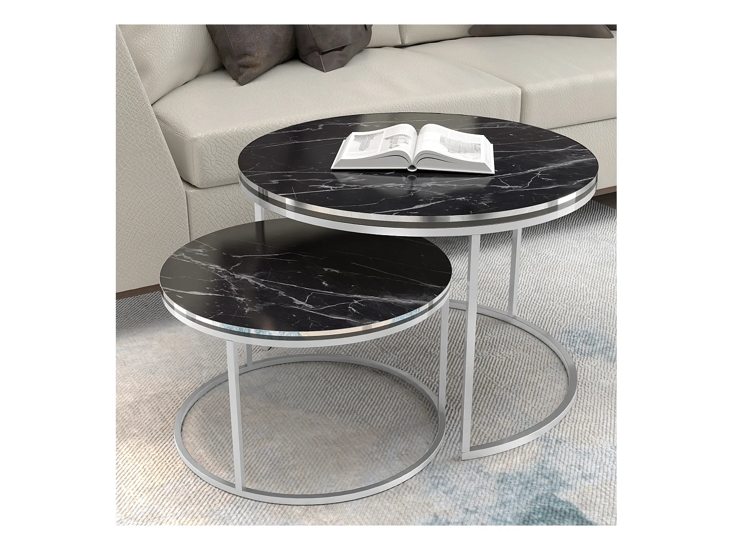 Set de 2 tables d'appoint Skagen rondes gigognes marbre noir argent [en.casa]