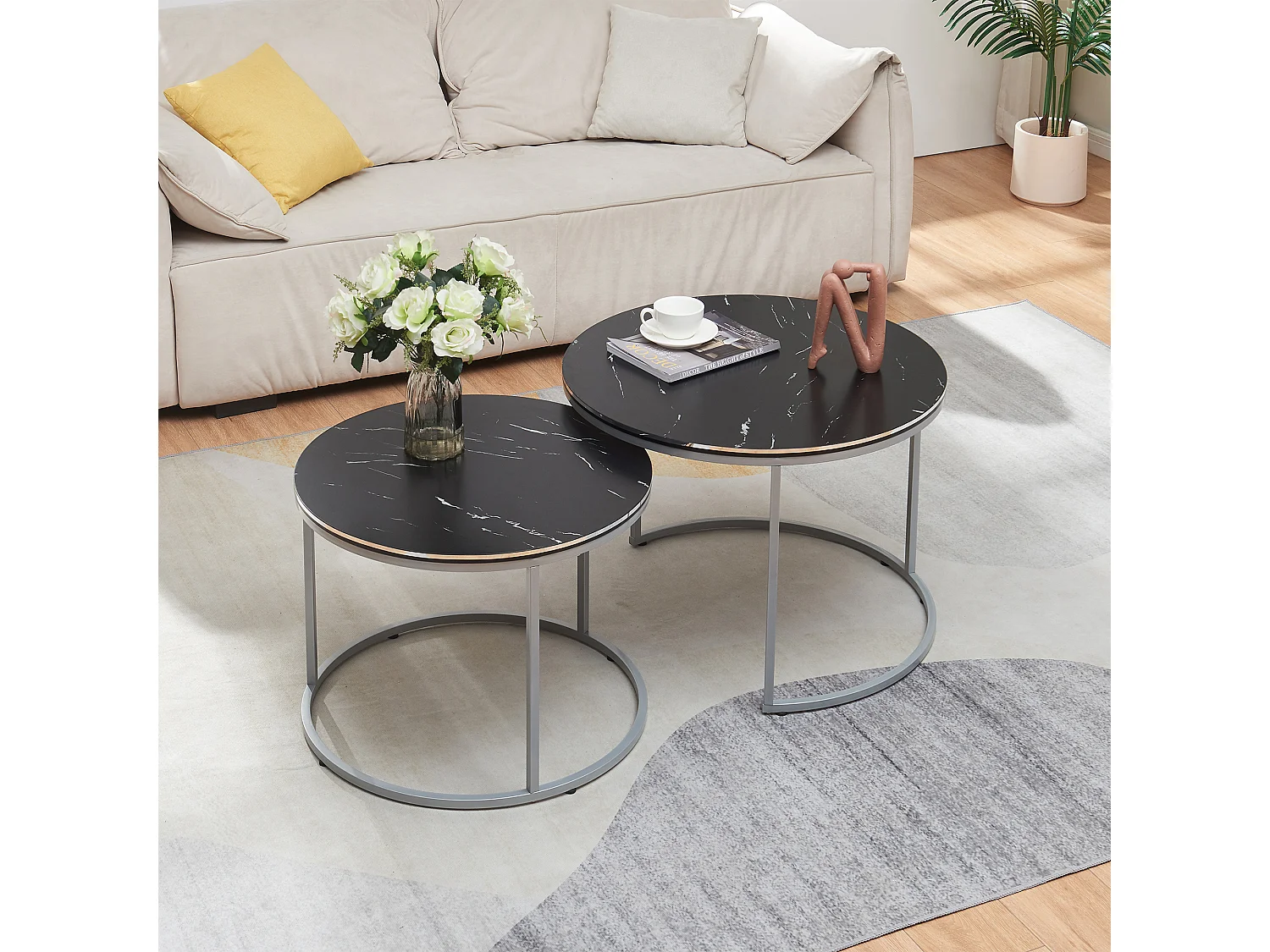 Set de 2 tables d'appoint Skagen rondes gigognes marbre noir argent [en.casa]