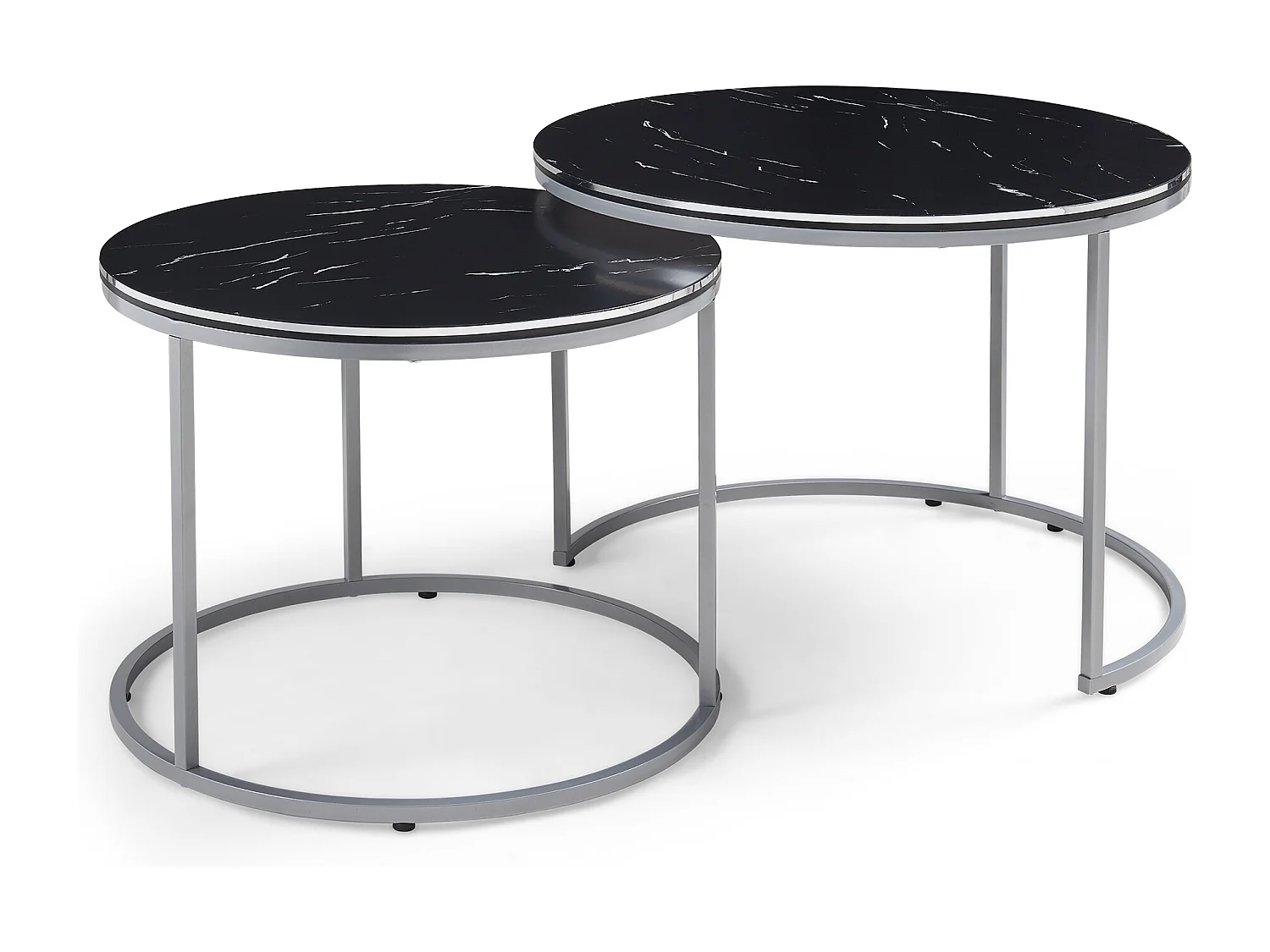 Set de 2 tables d'appoint Skagen rondes gigognes marbre noir argent [en.casa]