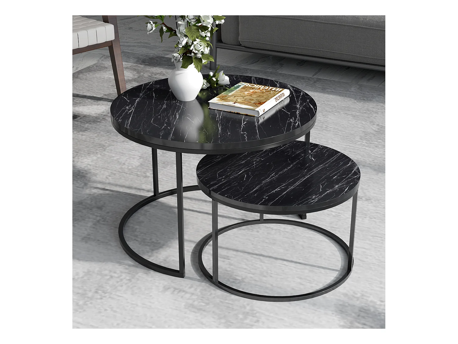 Set de 2 tables d'appoint Skagen rondes gigognes marbre noir [en.casa]