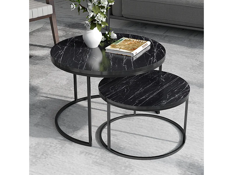 Set de 2 tables d'appoint Skagen rondes gigognes marbre noir [en.casa]
