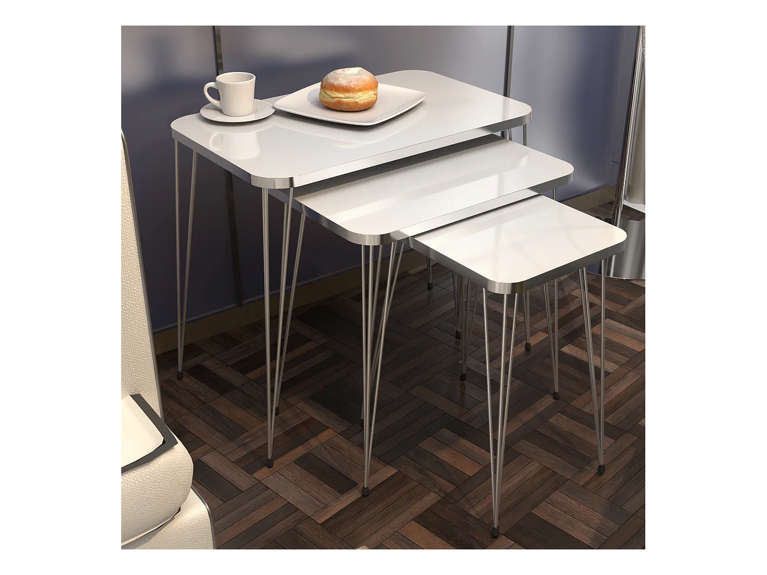 Set de 3 tables d'appoint Rudkøbing rectangulaires gigognes blanc argent [en.casa]