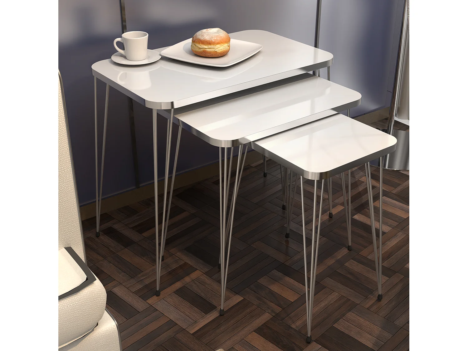 Set de 3 tables d'appoint Rudkøbing rectangulaires gigognes blanc argent [en.casa]