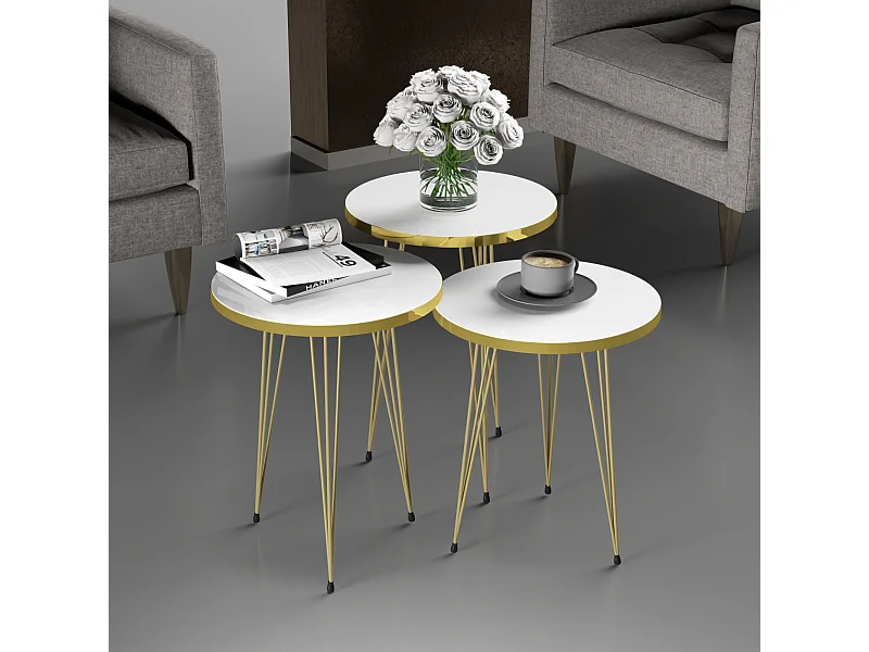 Set de 3 tables d'appoint Ry rondes gigognes blanc or [en.casa]