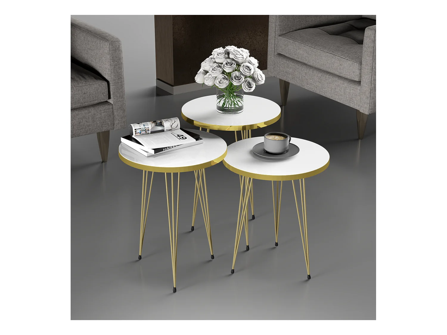Set de 3 tables d'appoint Ry rondes gigognes blanc or [en.casa]