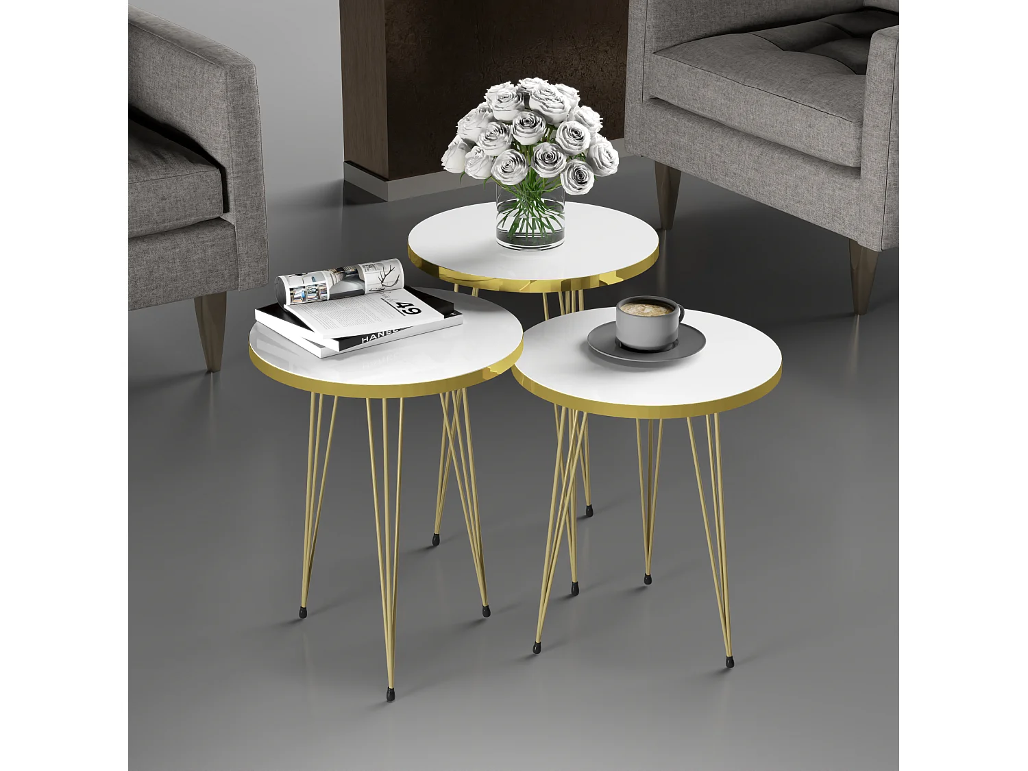 Set de 3 tables d'appoint Ry rondes gigognes blanc or [en.casa]