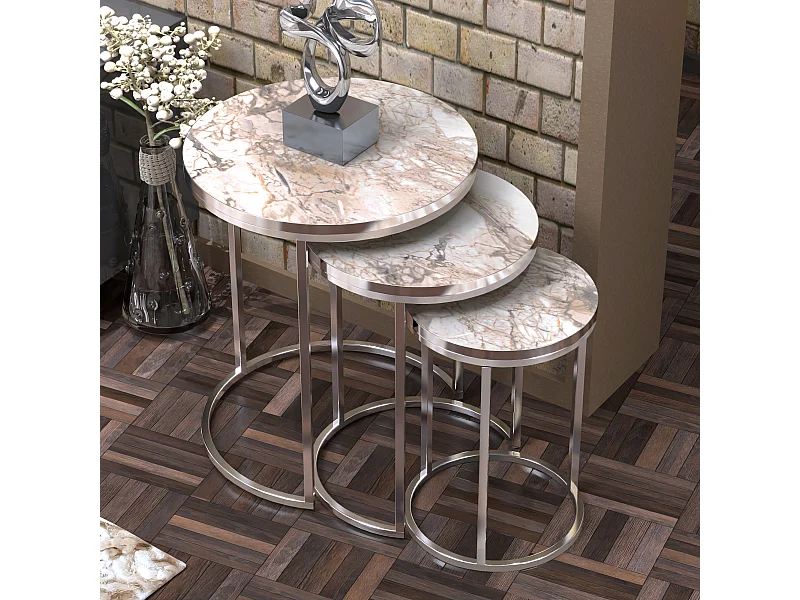 Set de 3 tables d'appoint Bornholm rondes gigognes marbre blanc argent [en.casa]