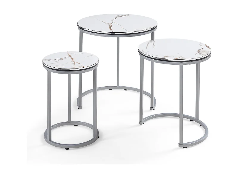 Set de 3 tables d'appoint Bornholm rondes gigognes marbre blanc argent [en.casa]