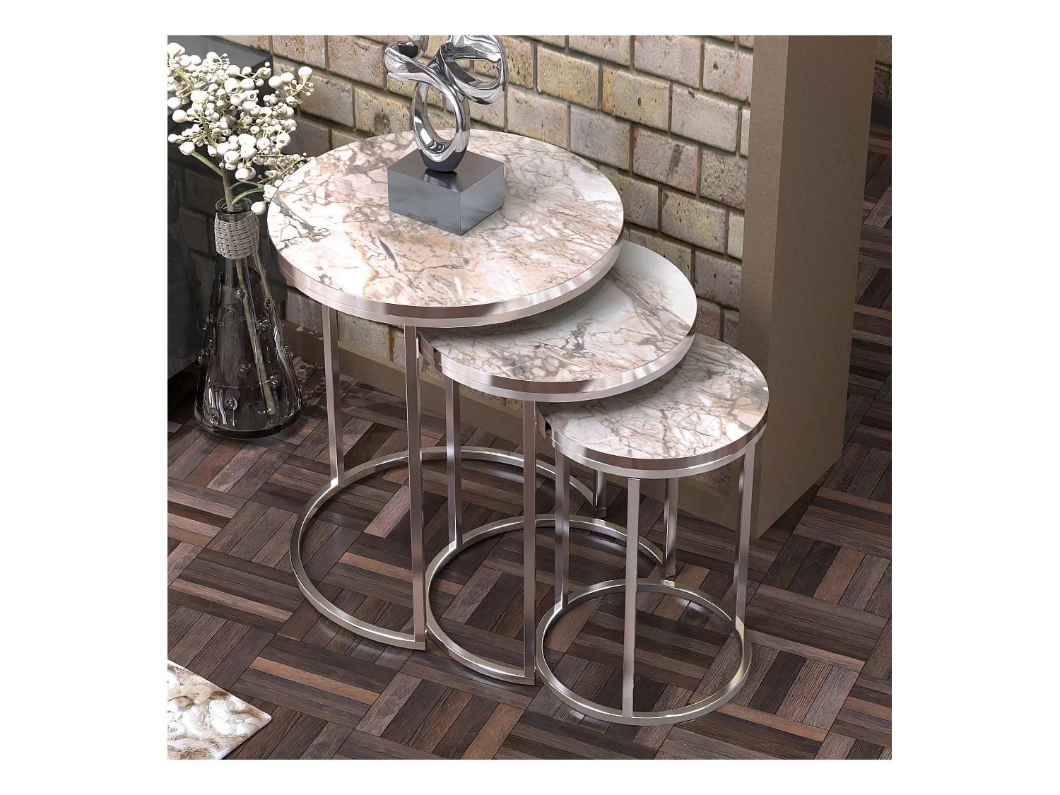 Set de 3 tables d'appoint Bornholm rondes gigognes marbre blanc argent [en.casa]