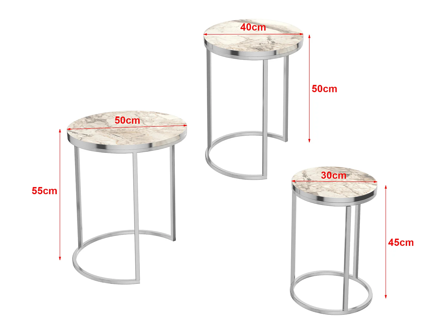 Set de 3 tables d'appoint Bornholm rondes gigognes marbre blanc argent [en.casa]