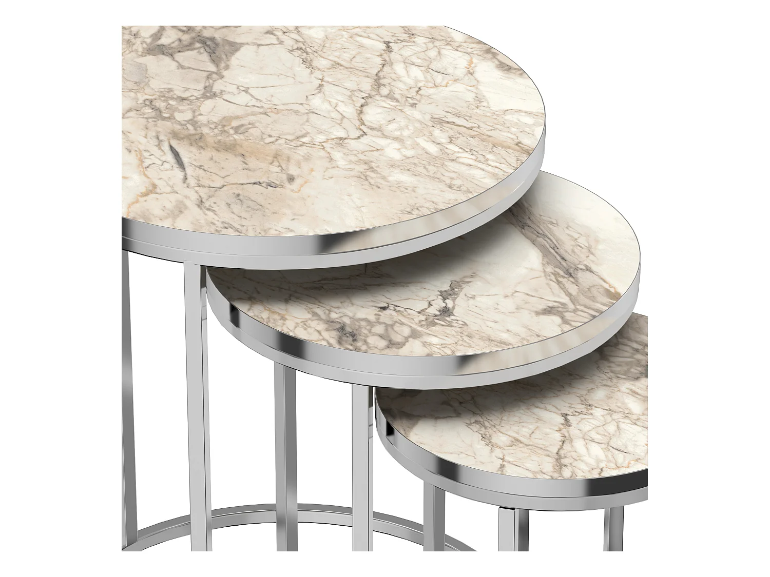 Set de 3 tables d'appoint Bornholm rondes gigognes marbre blanc argent [en.casa]