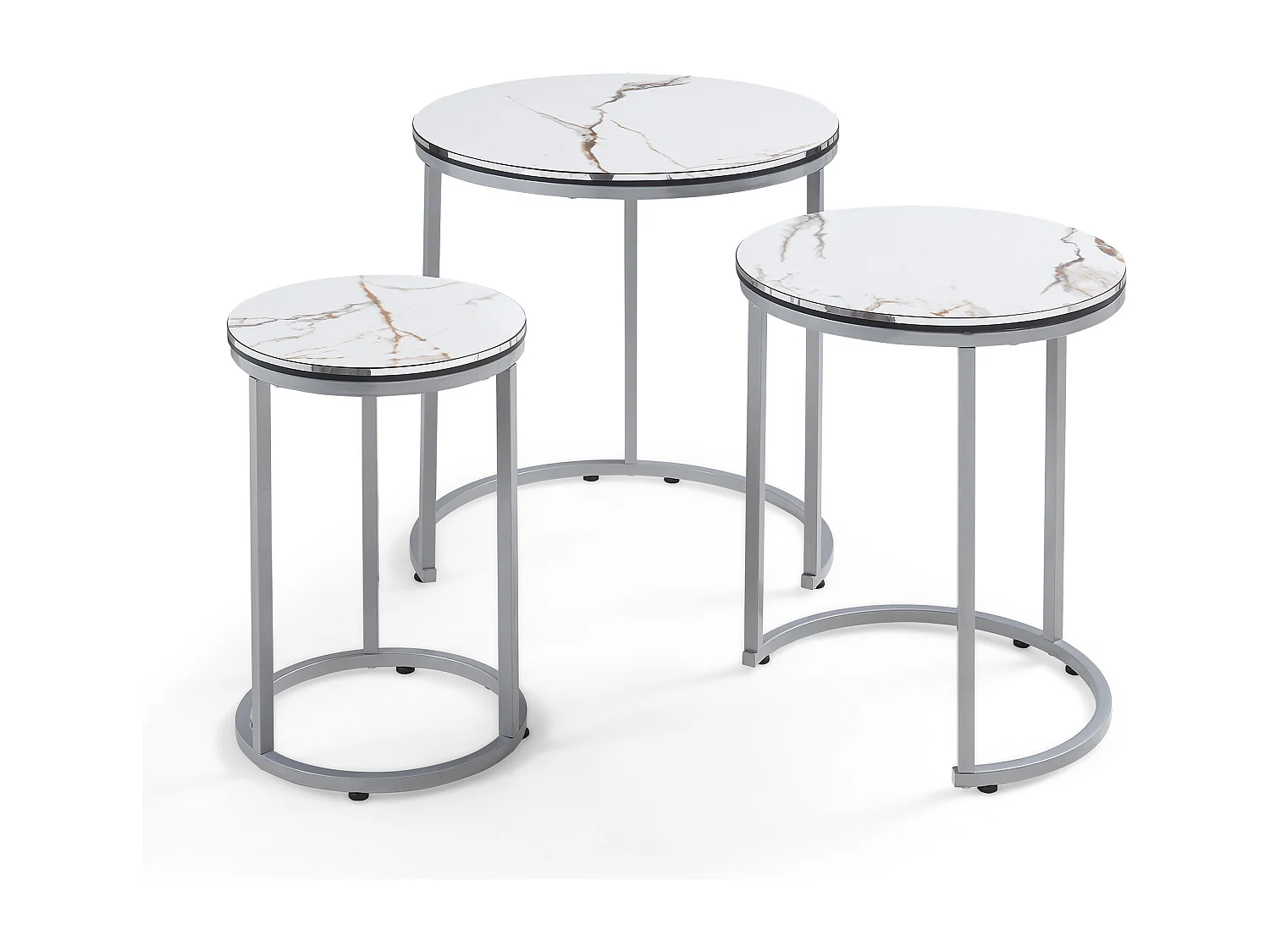 Set de 3 tables d'appoint Bornholm rondes gigognes marbre blanc argent [en.casa]