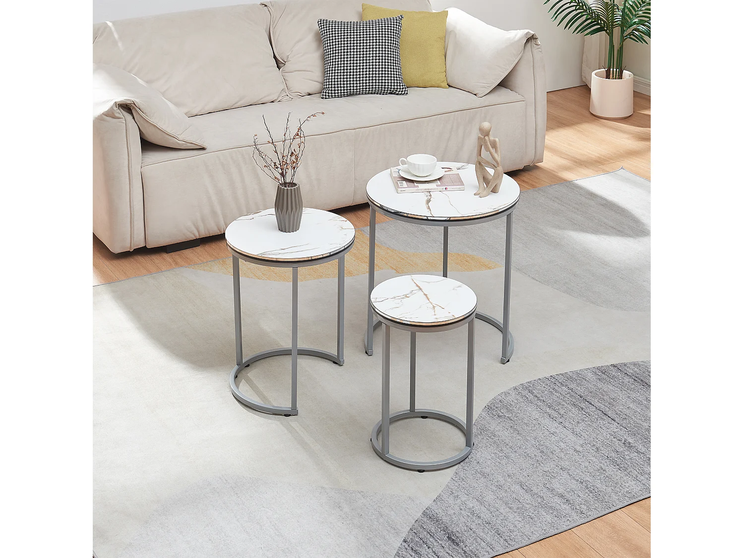 Set de 3 tables d'appoint Bornholm rondes gigognes marbre blanc argent [en.casa]