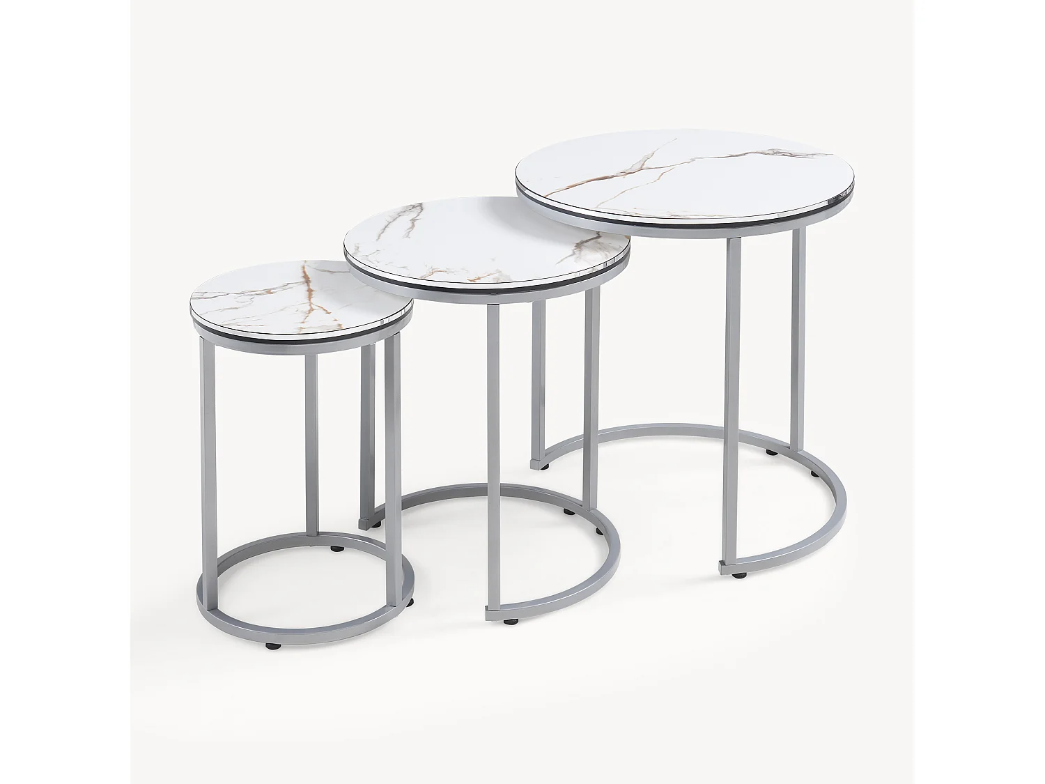 Set de 3 tables d'appoint Bornholm rondes gigognes marbre blanc argent [en.casa]