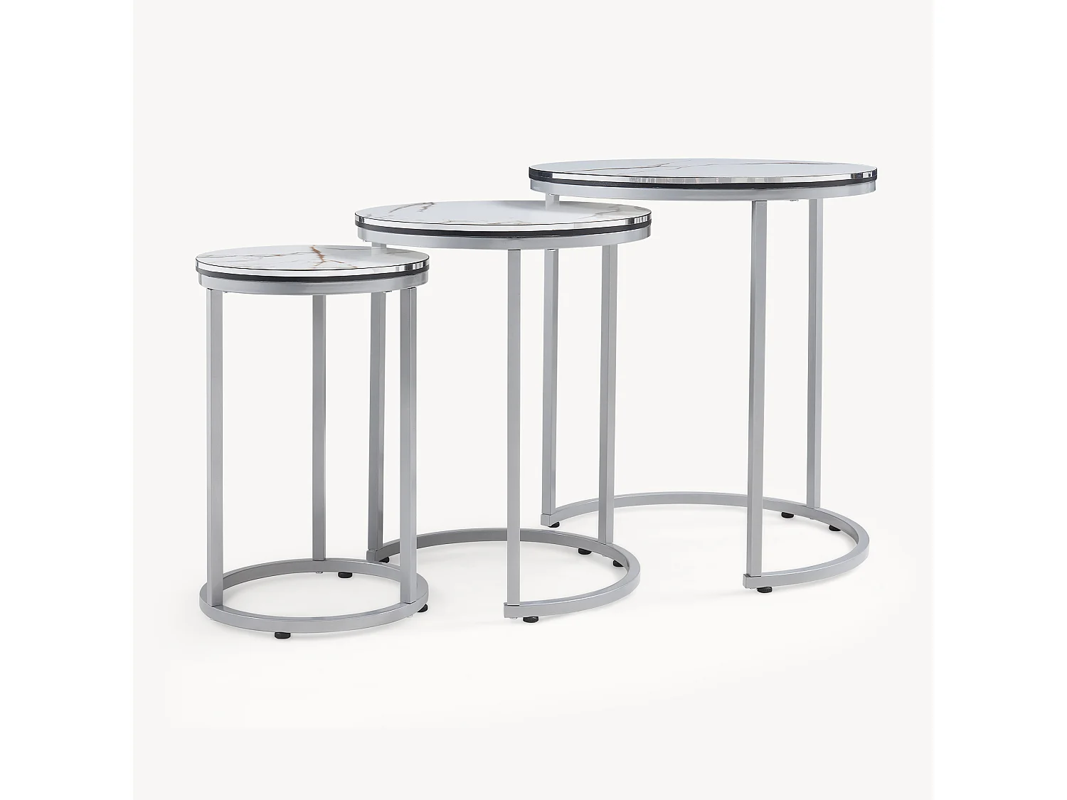 Set de 3 tables d'appoint Bornholm rondes gigognes marbre blanc argent [en.casa]