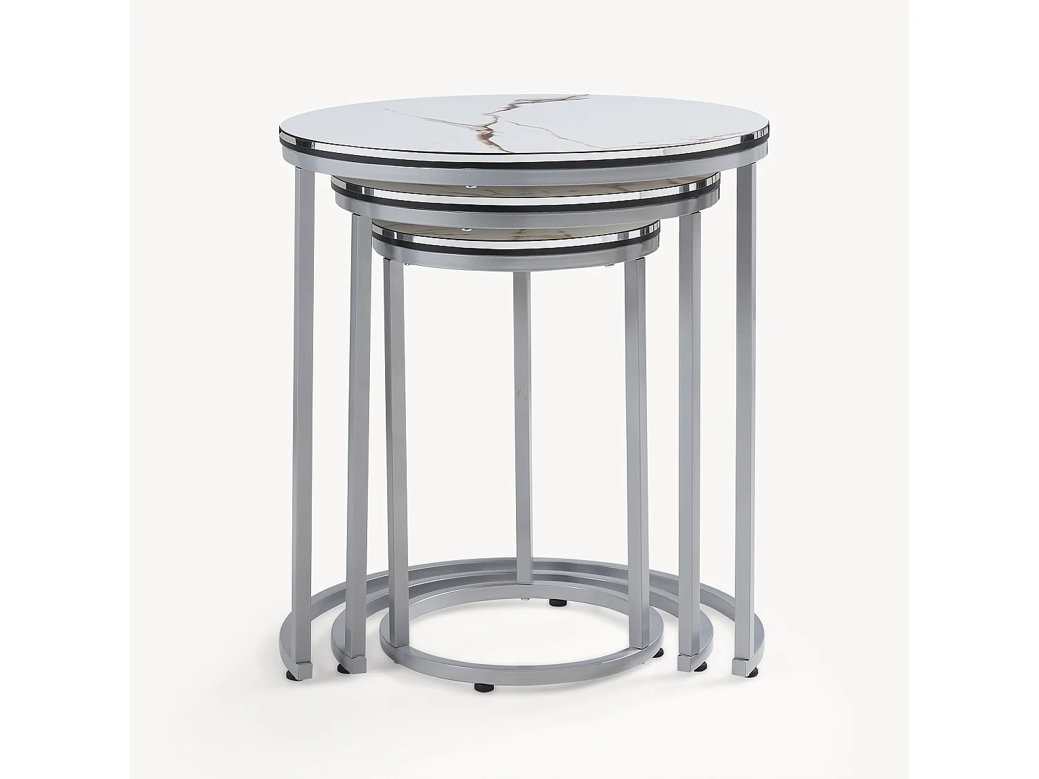 Set de 3 tables d'appoint Bornholm rondes gigognes marbre blanc argent [en.casa]
