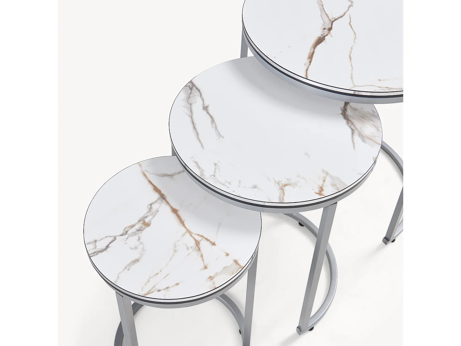 Set de 3 tables d'appoint Bornholm rondes gigognes marbre blanc argent [en.casa]