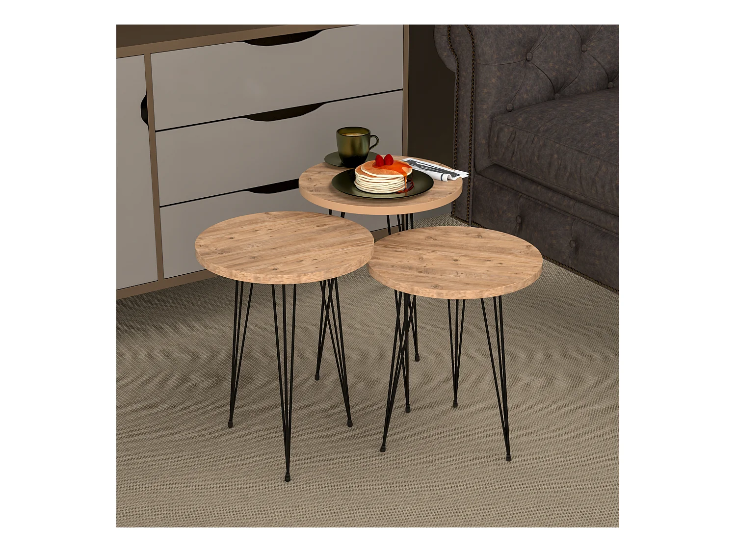 Set de 3 tables d'appoint Ry rondes gigognes naturel noir [en.casa]