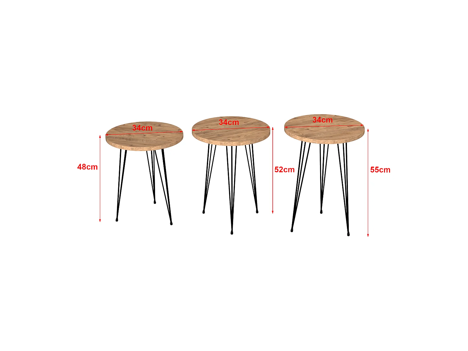 Set de 3 tables d'appoint Ry rondes gigognes naturel noir [en.casa]