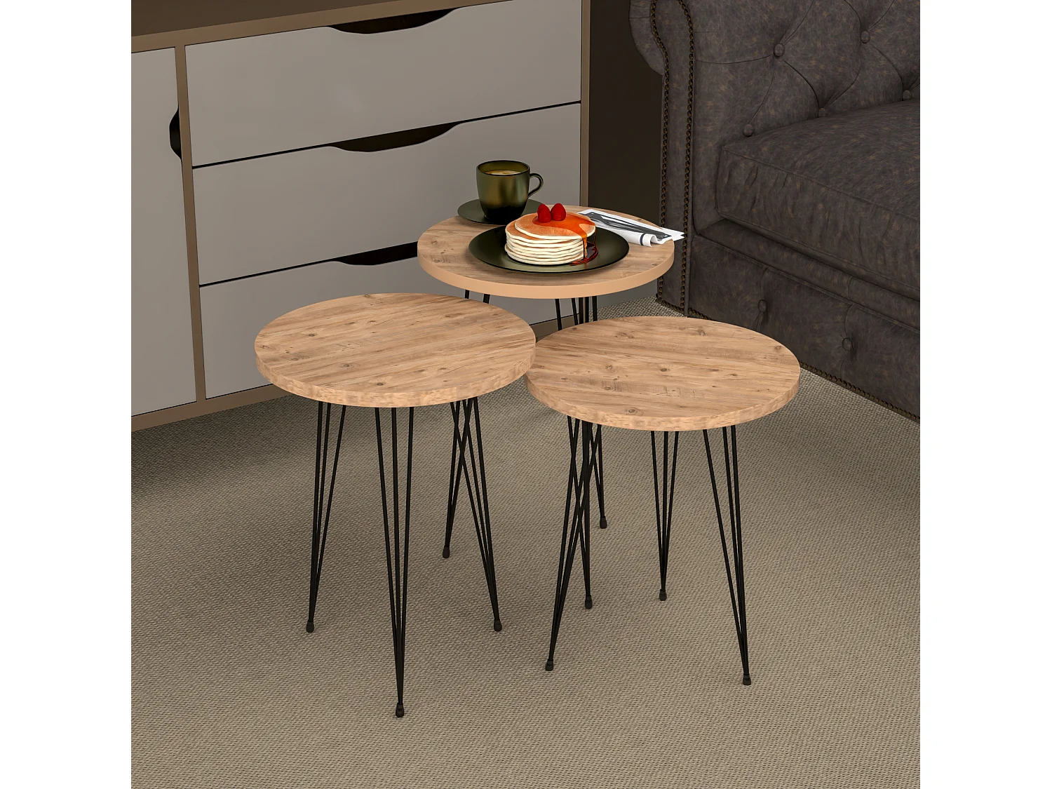 Set de 3 tables d'appoint Ry rondes gigognes naturel noir [en.casa]