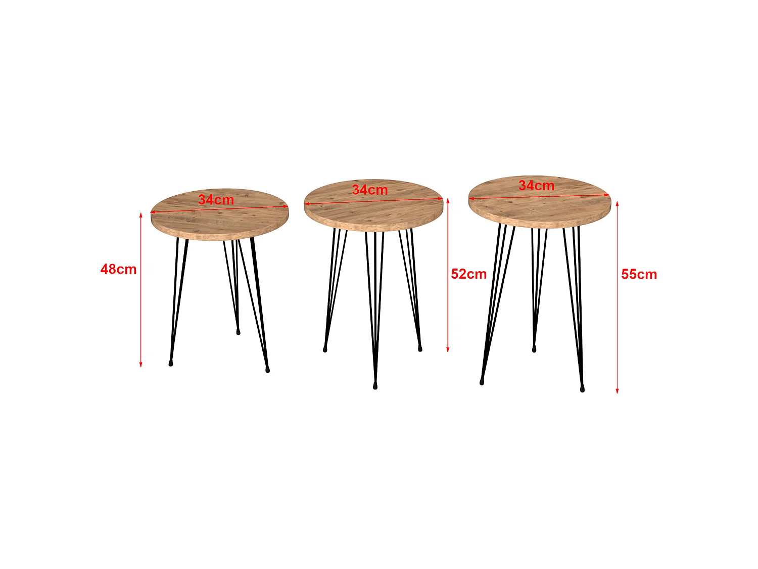 Set de 3 tables d'appoint Ry rondes gigognes naturel noir [en.casa]
