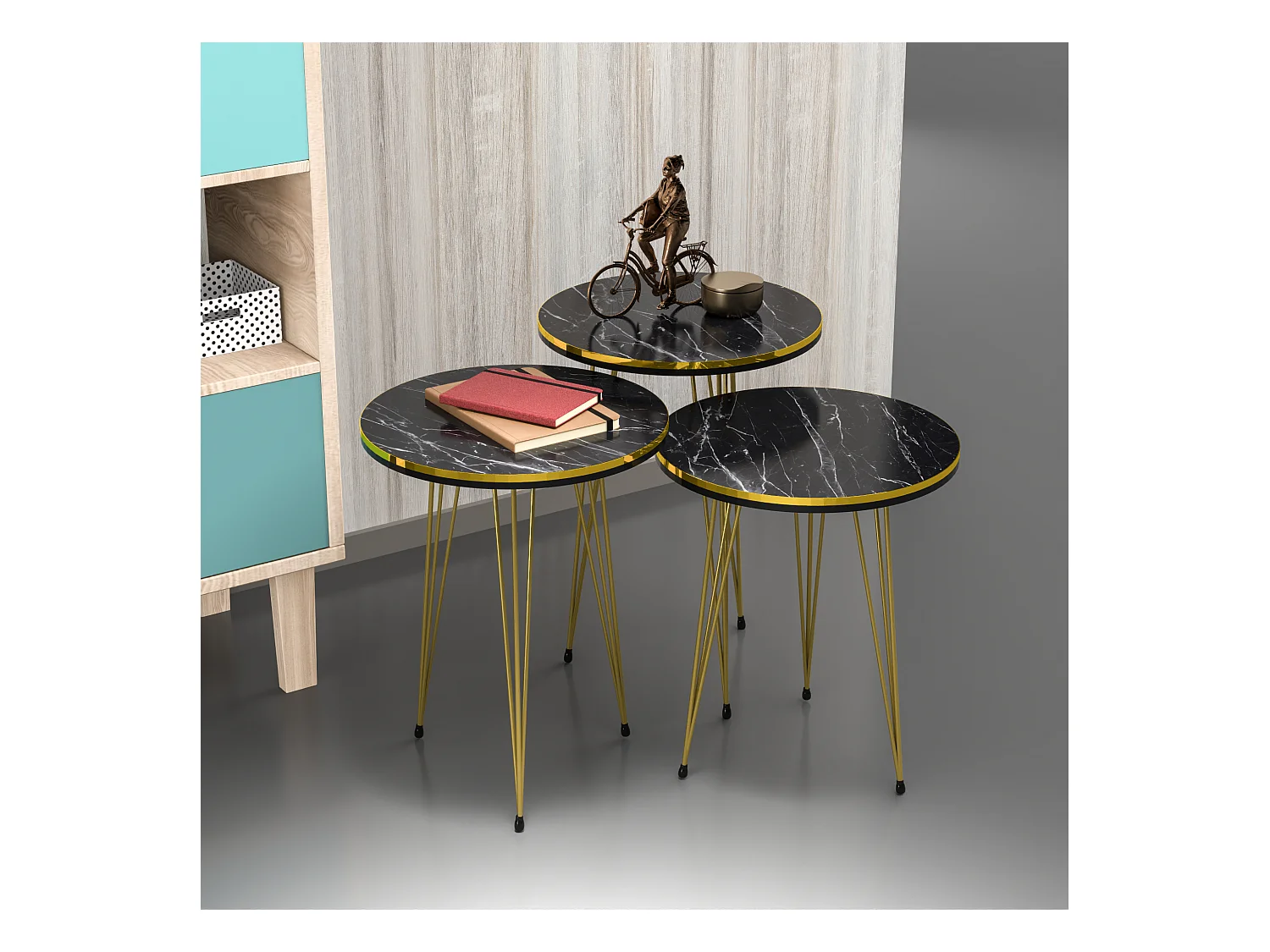 Set de 3 tables d'appoint Ry rondes gigognes noir or [en.casa]