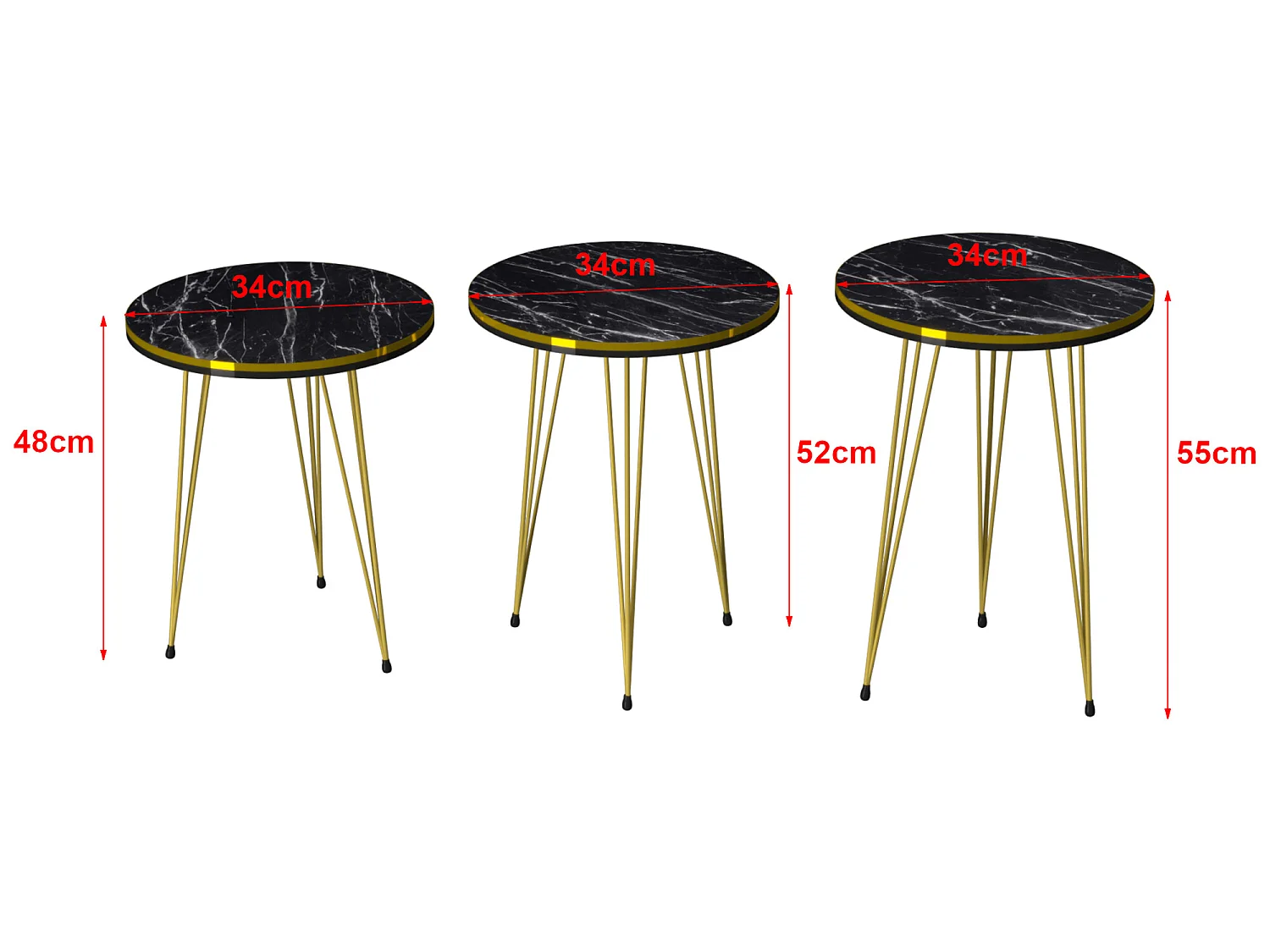 Set de 3 tables d'appoint Ry rondes gigognes noir or [en.casa]