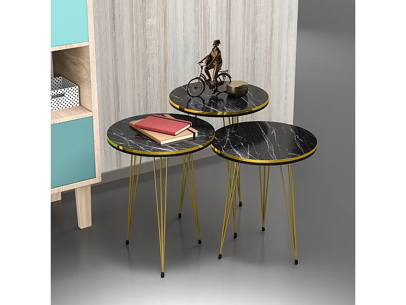 Set de 3 tables d'appoint Ry rondes gigognes noir or [en.casa]