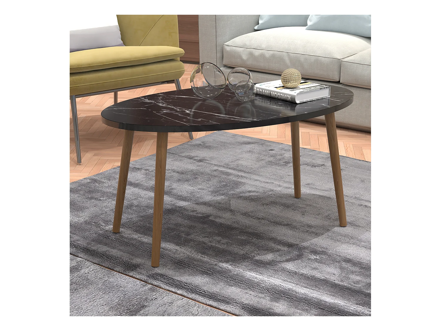 Table basse Sindal ovale 41 x90 x 50cm marbre noir naturel [en.casa]
