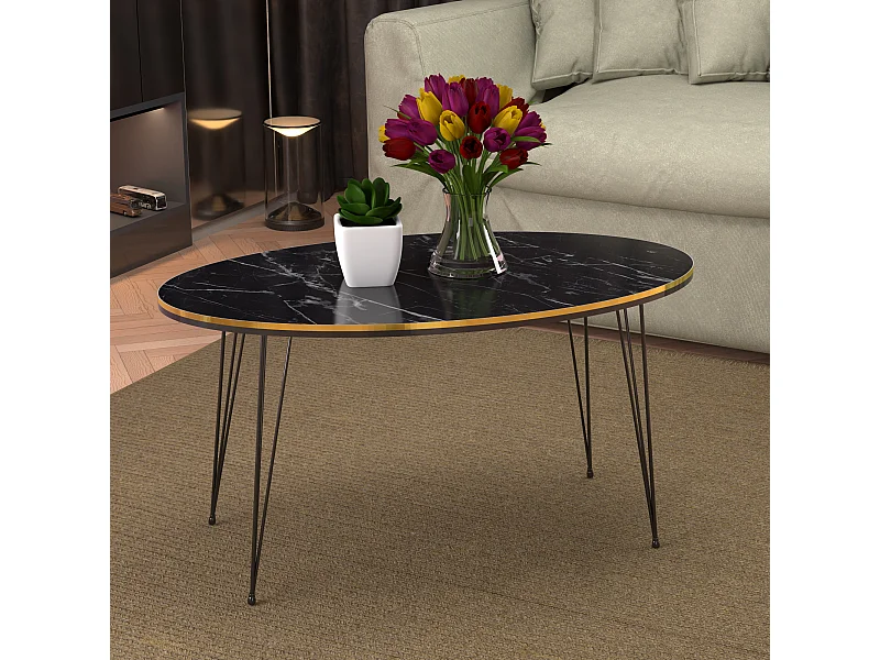 Table basse Hirtshals ovale 41 x 90 x 50 cm marbre noir or [en.casa]
