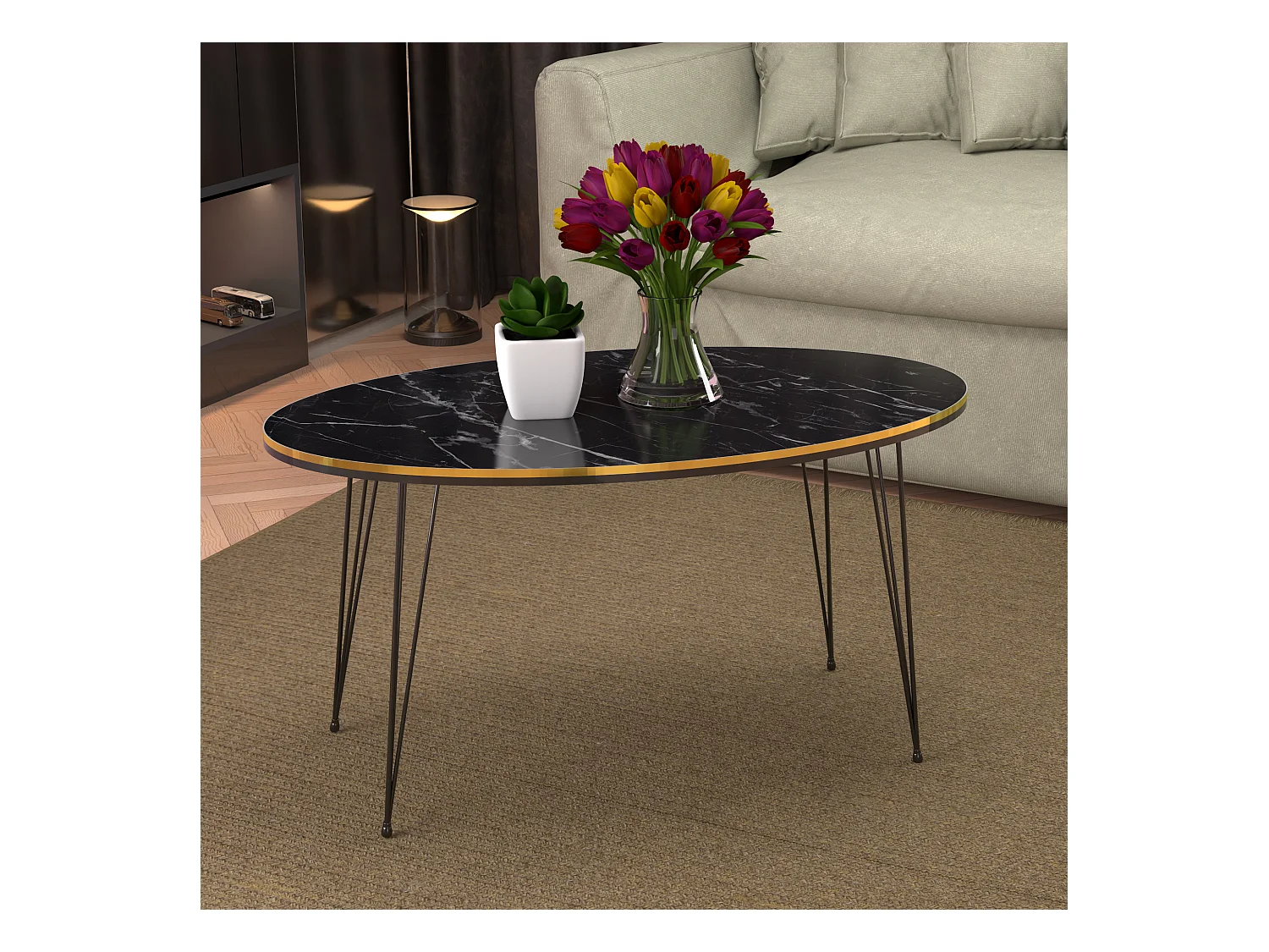 Table basse Hirtshals ovale 41 x 90 x 50 cm marbre noir or [en.casa]