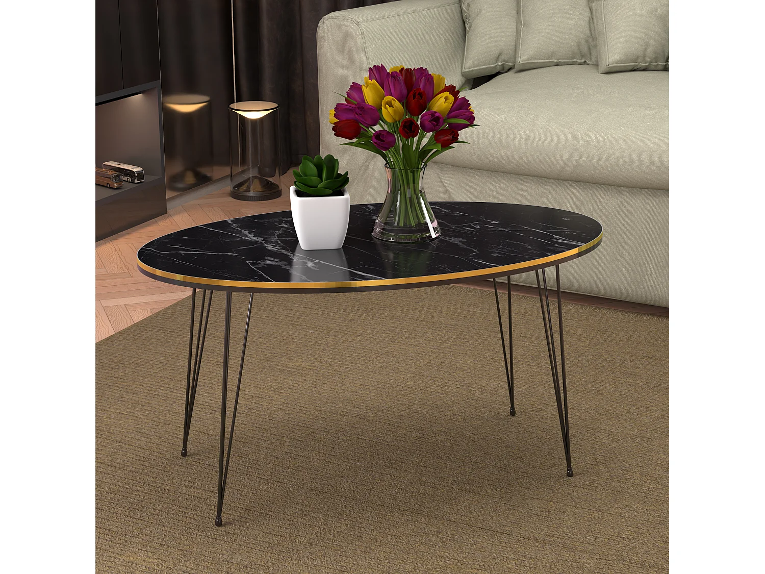 Table basse Hirtshals ovale 41 x 90 x 50 cm marbre noir or [en.casa]