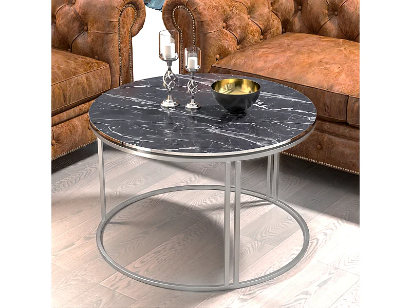 Table basse Aulum ronde 50 x 70 cm marbre noir argent [en.casa]