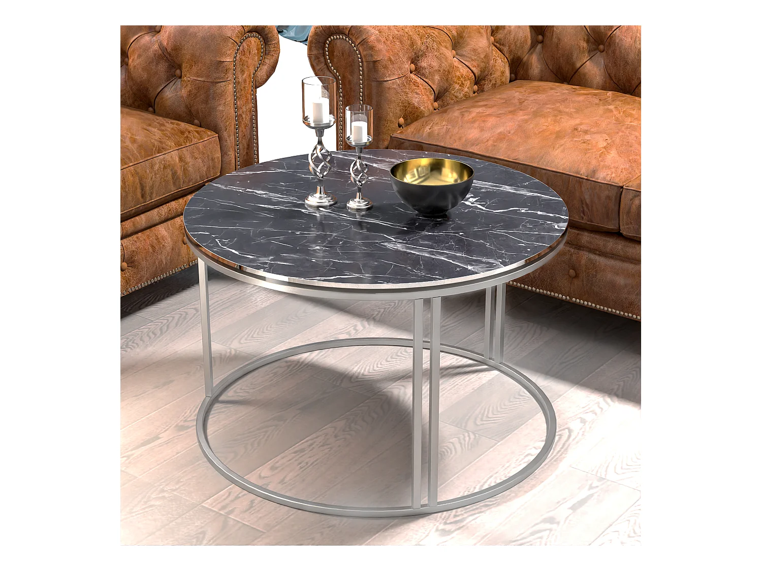 Table basse Aulum ronde 50 x 70 cm marbre noir argent [en.casa]