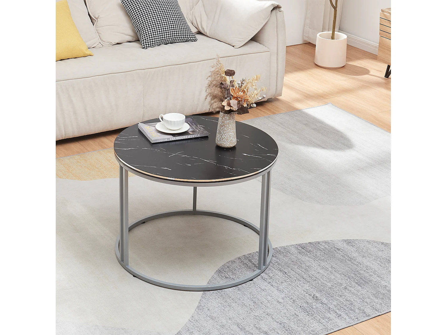 Table basse Aulum ronde 50 x 70 cm marbre noir argent [en.casa]