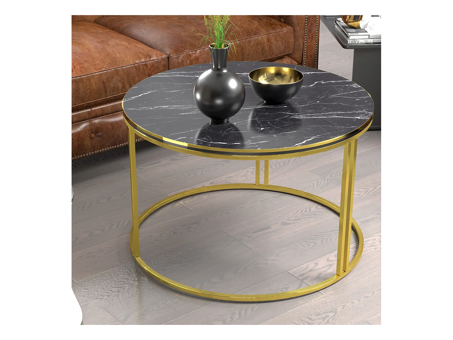 Table basse Aulum ronde 50 x 70 cm marbre noir or [en.casa]