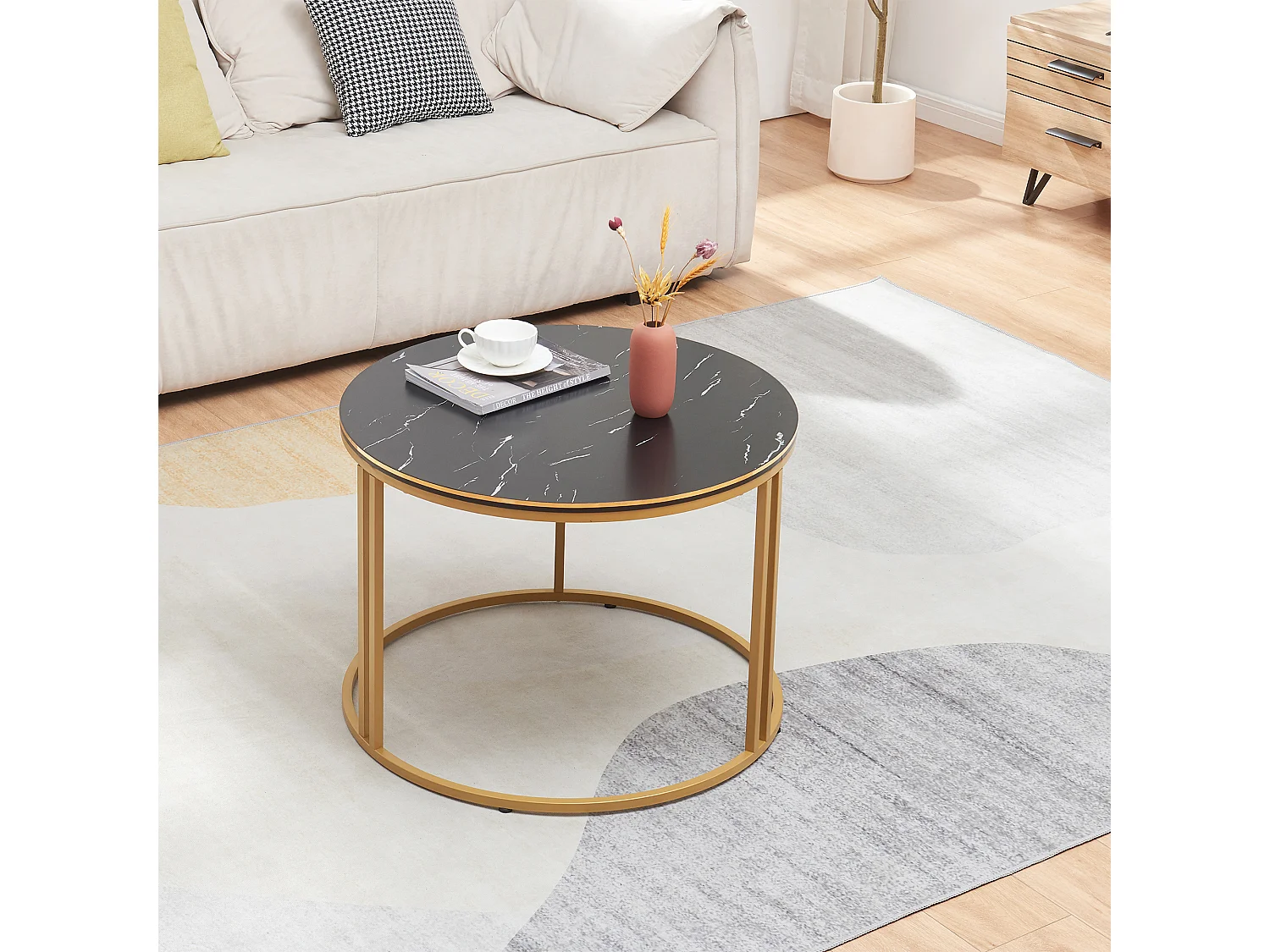 Table basse Aulum ronde 50 x 70 cm marbre noir or [en.casa]