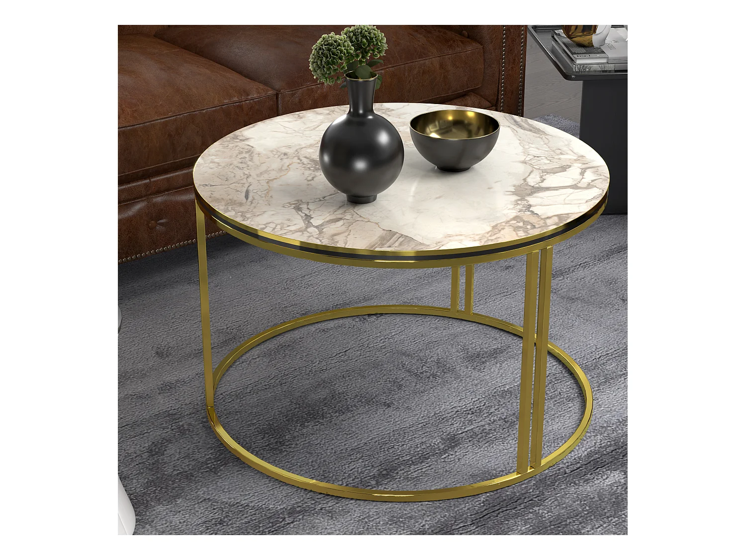 Table basse Aulum ronde 50 x 70 cm marbre blanc or [en.casa]