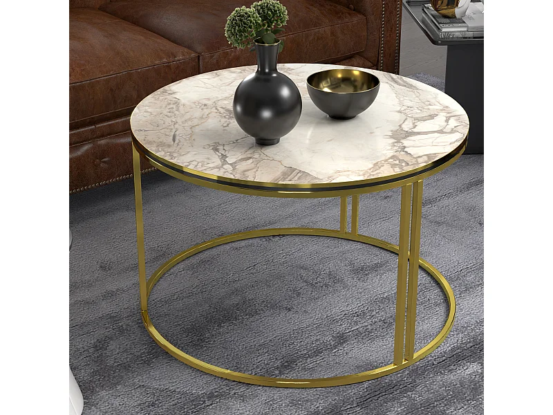 Table basse Aulum ronde 50 x 70 cm marbre blanc or [en.casa]