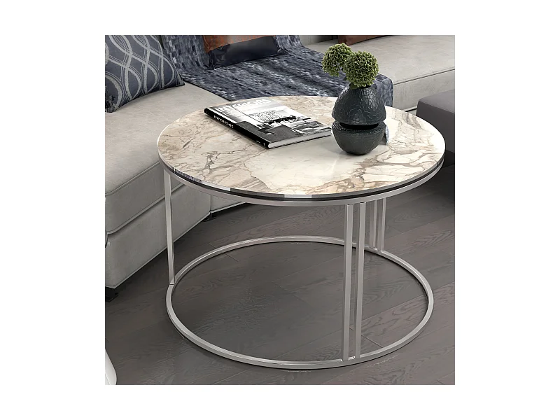 Table basse Aulum ronde 50 x 70 cm marbre blanc argent [en.casa]