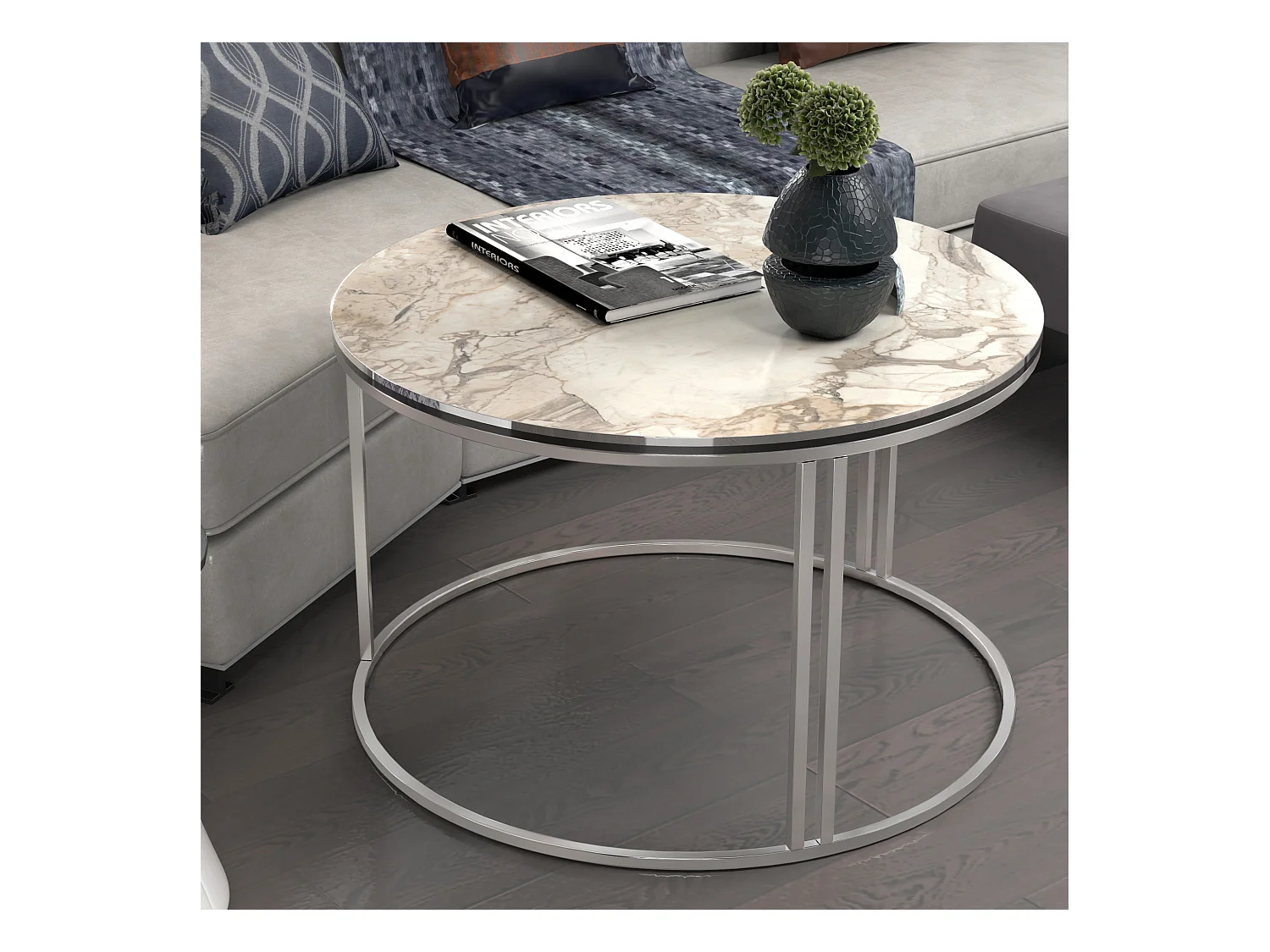 Table basse Aulum ronde 50 x 70 cm marbre blanc argent [en.casa]