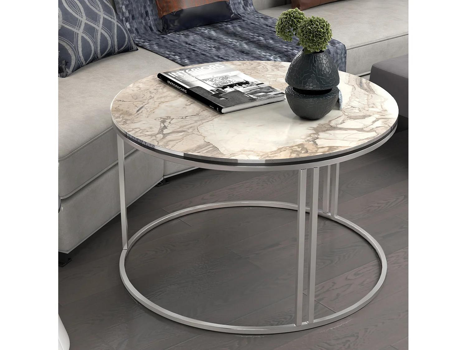 Table basse Aulum ronde 50 x 70 cm marbre blanc argent [en.casa]