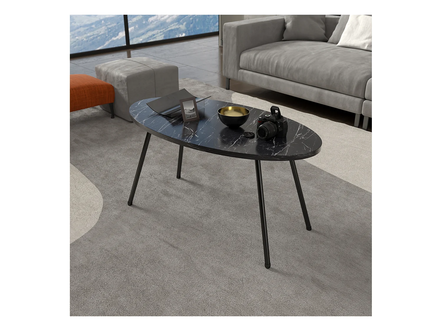 Table basse Skærbæk ovale 43 x 90 x 50 cm marbre noir [en.casa]