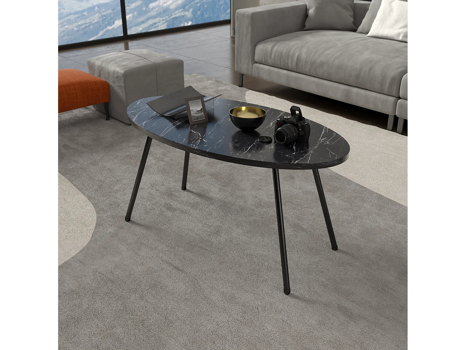 Table basse Skærbæk ovale 43 x 90 x 50 cm marbre noir [en.casa]