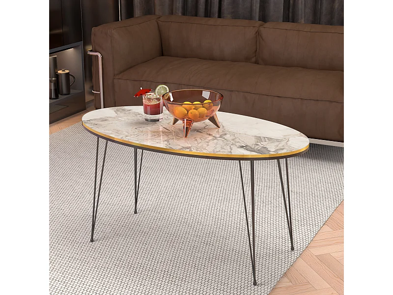 Table basse Hirtshals ovale 41 x 90 x 50 cm marbre blanc or noir [en.casa]