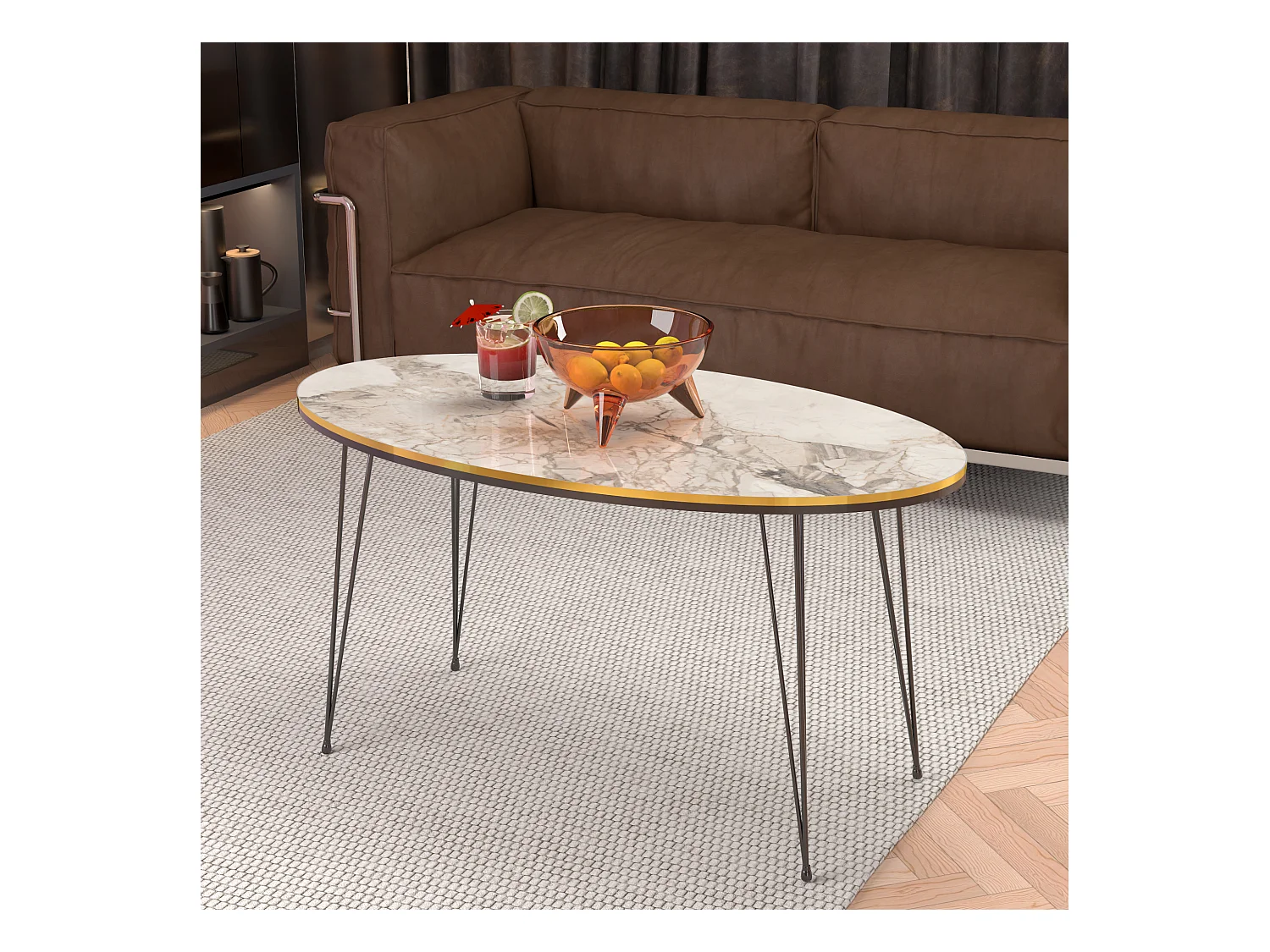 Table basse Hirtshals ovale 41 x 90 x 50 cm marbre blanc or noir [en.casa]