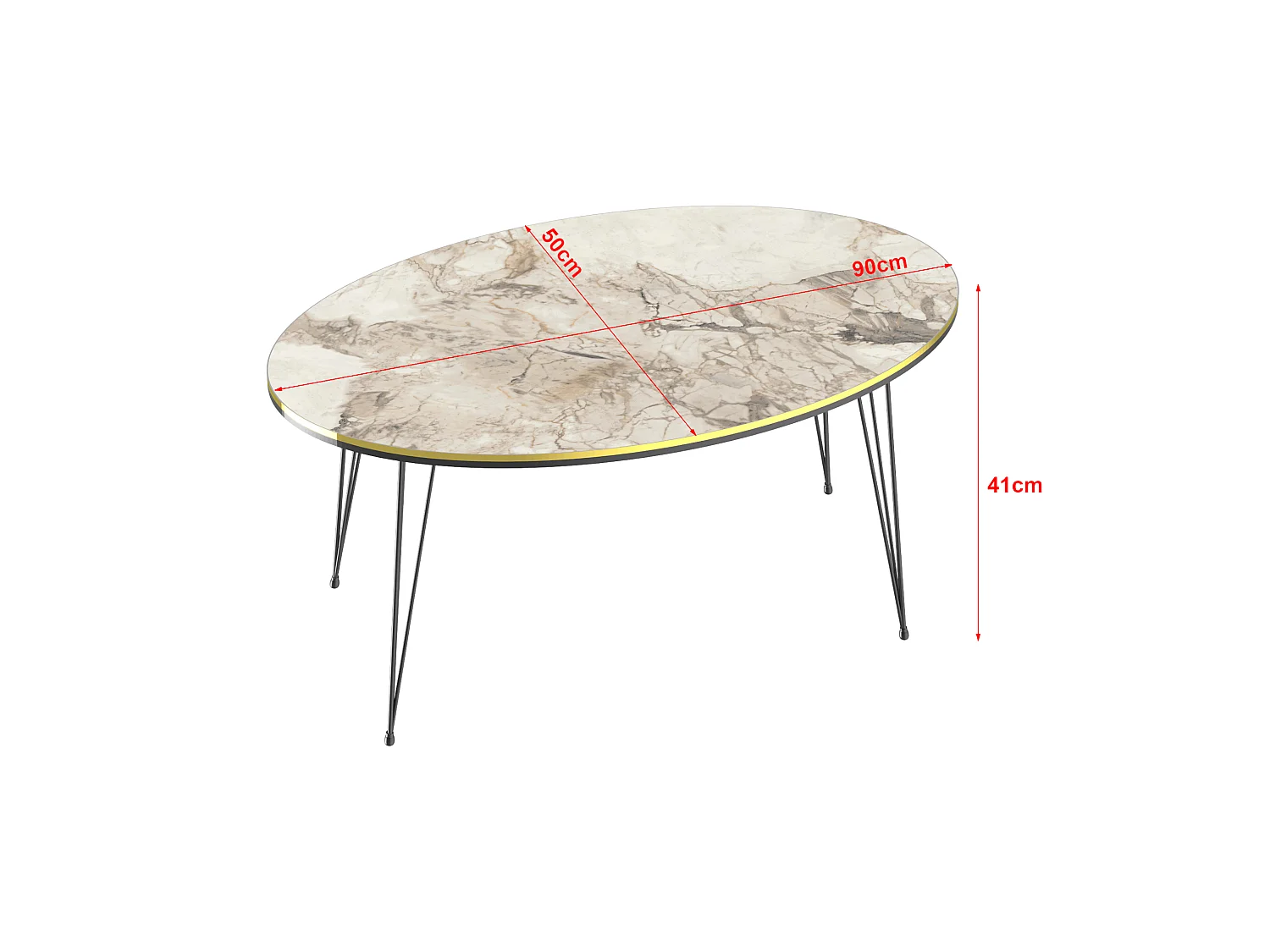 Table basse Hirtshals ovale 41 x 90 x 50 cm marbre blanc or noir [en.casa]