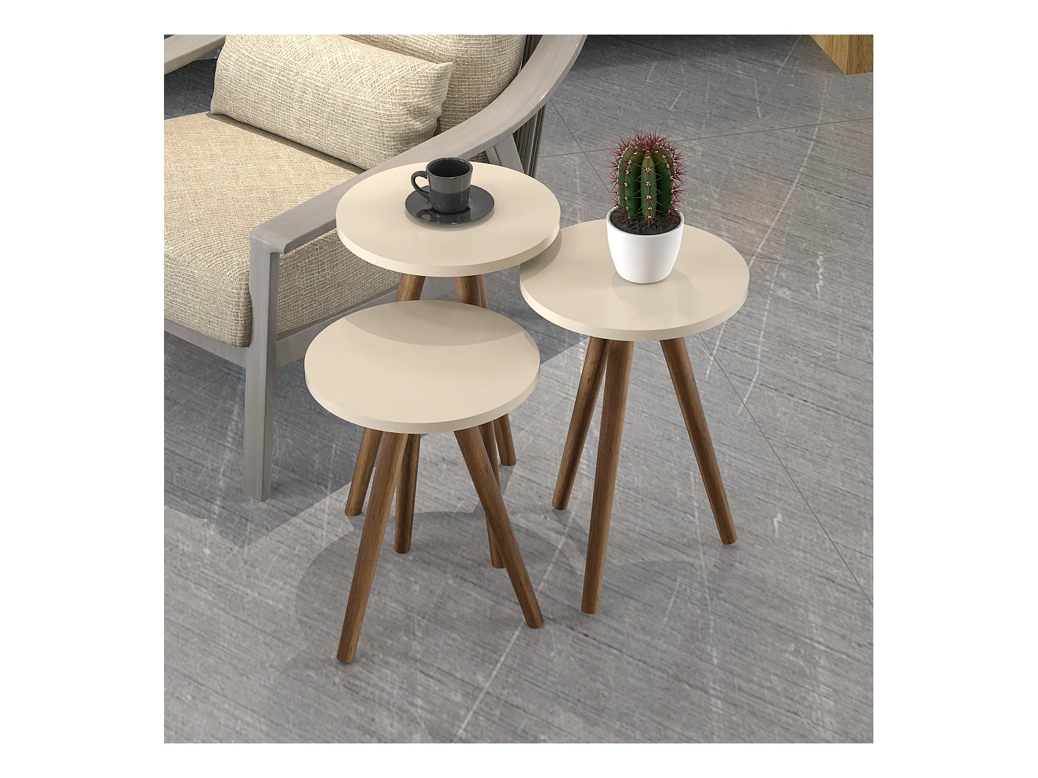 Set de 3 tables d'appoint Snede rondes gigognes crème naturel [en.casa]